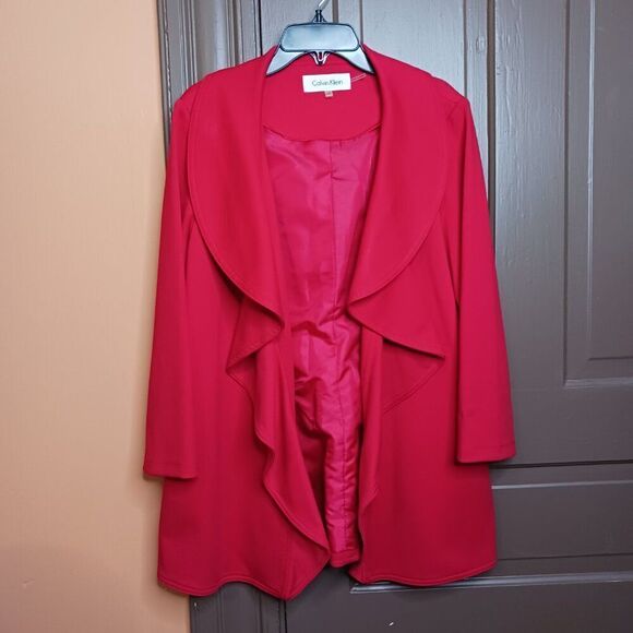 Calvin Klein Ruffle Suit Cardigan Women's size 14 Petite Bright Red Color - Picture 5 of 11